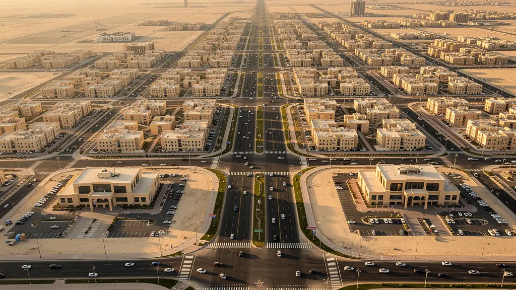 Aerial view of Abu Dhabi's organized grid-based road system with flowing traffic