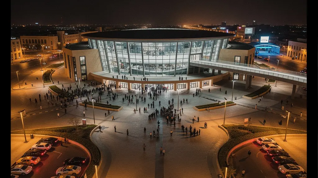 Aerial night view of concert-goers streaming out of an illuminated arena towards parking areas and transport hubs in a modern cityscape
