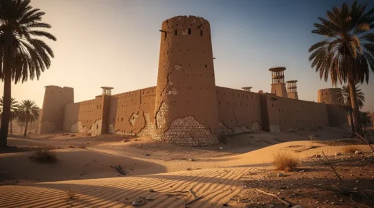 Golden hour view of Al Jahili Fort's iconic round tower rising from the desert with traditional mudbrick walls