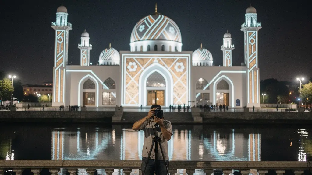 Wide night view of Al Noor Mosque with projection lights and a dark lagoon foreground creating clean negative space.