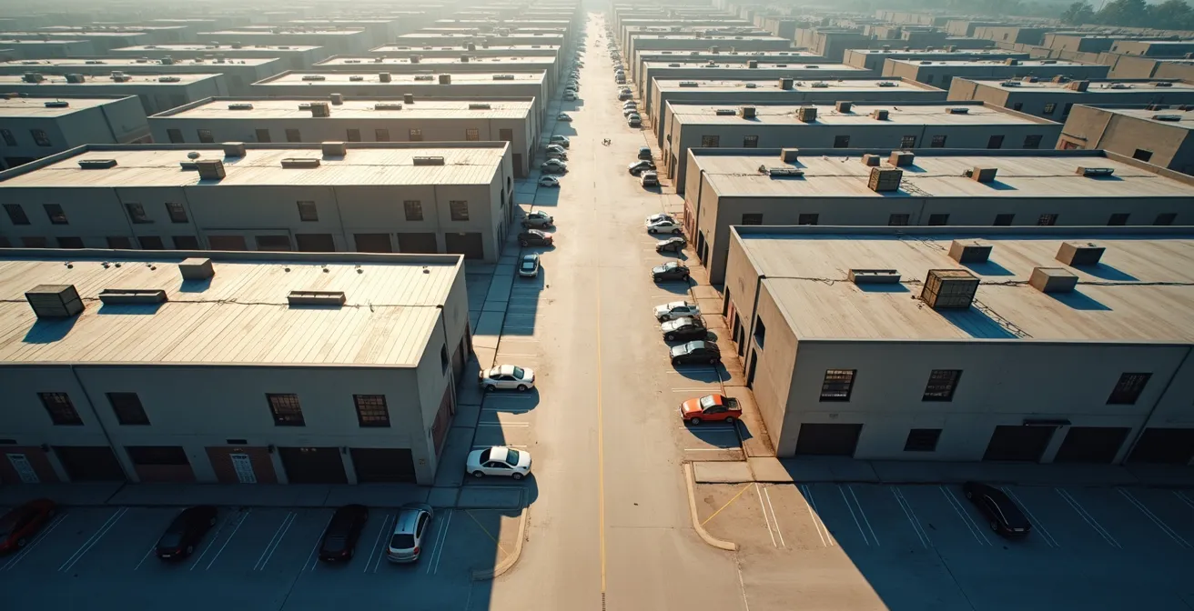 Aerial view of Alserkal Avenue showing parking areas and warehouse layout
