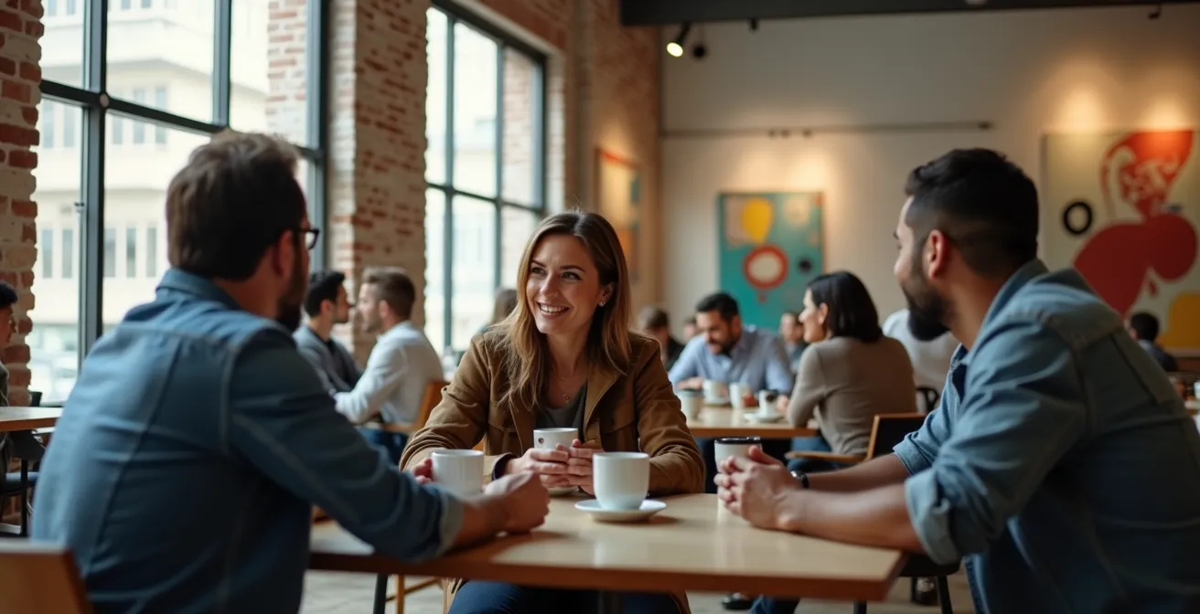 Visitors enjoying coffee while viewing contemporary art in an industrial-chic cafe at Alserkal Avenue