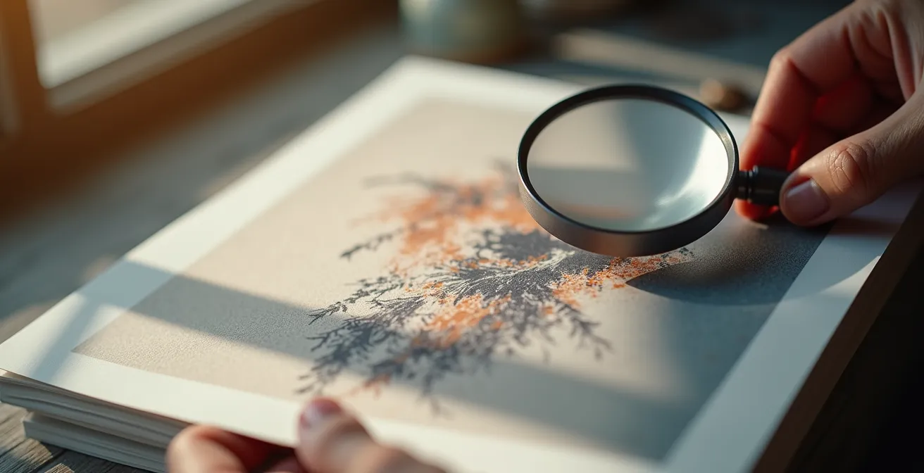 Art collector carefully examining a limited edition print with a magnifying glass in a gallery setting