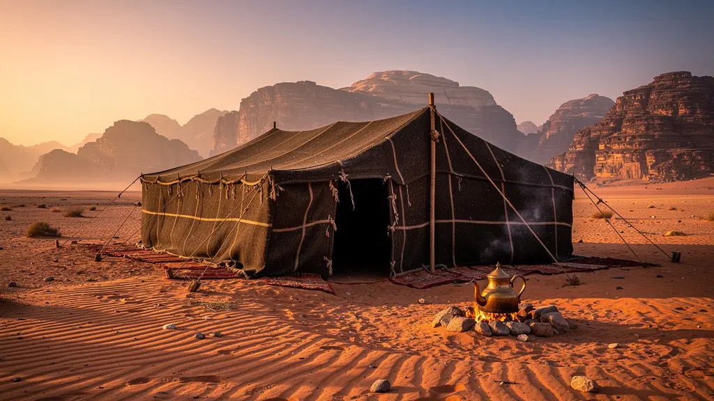Traditional Bedouin tent in desert landscape with mountains at sunset