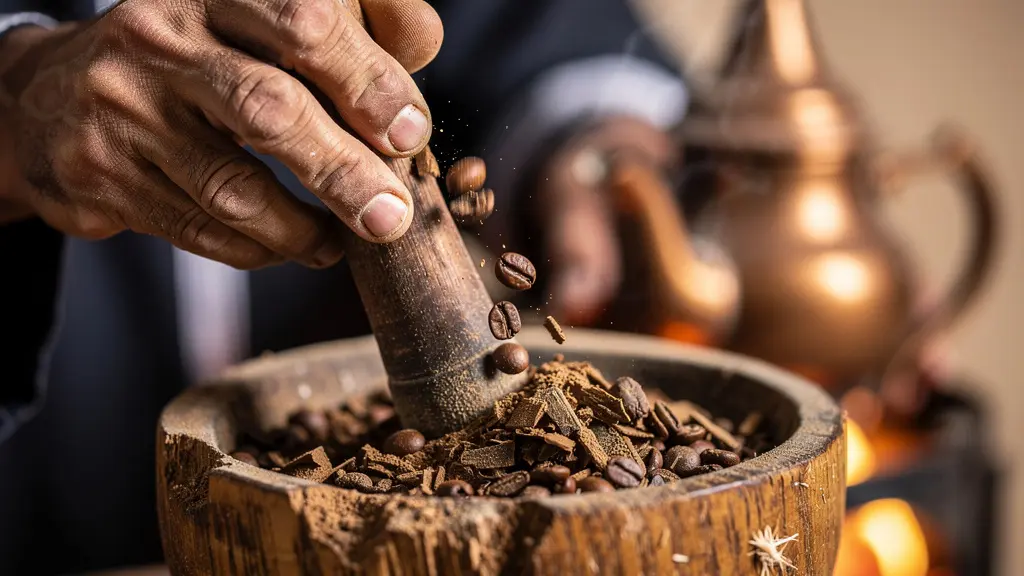 Close-up of traditional Bedouin coffee preparation over fire