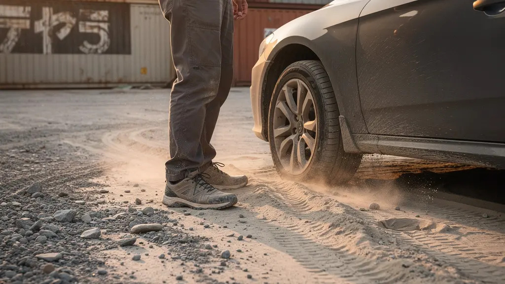 Close-up of a car tire partially sunk into sandy gravel in an industrial parking area at dusk with warm golden light