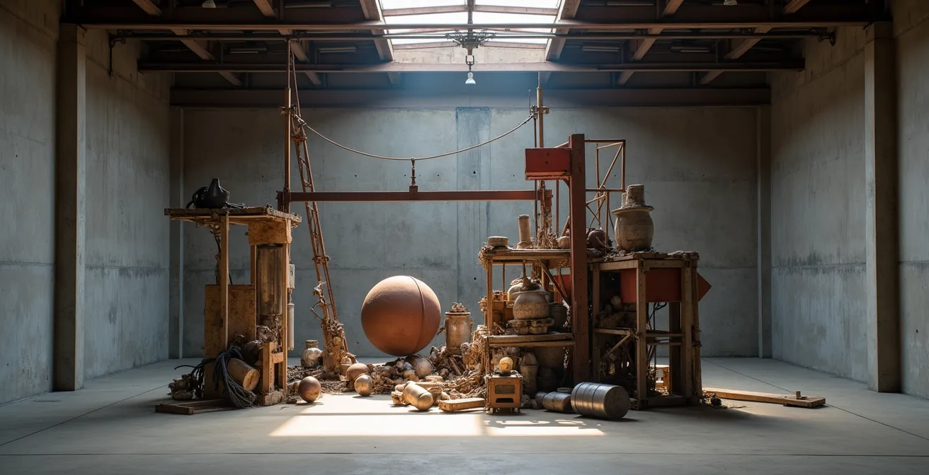 Thought-provoking contemporary art installation in an industrial warehouse gallery setting