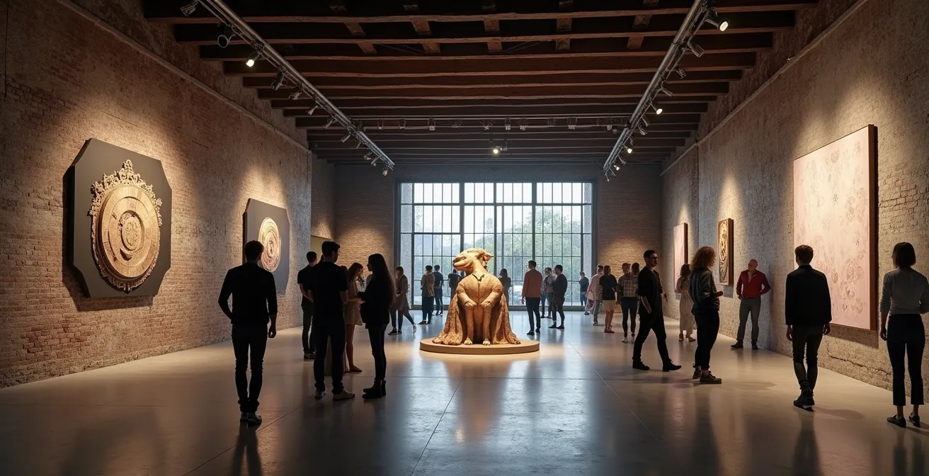 Contemporary art gallery interior with exposed industrial elements and modern artwork