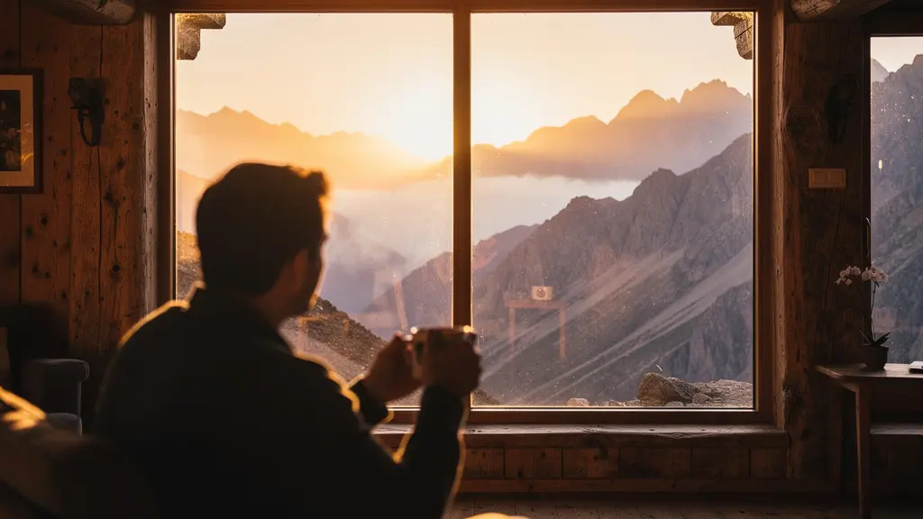Interior view from a Damani Lodge showing mountain sunrise through large windows