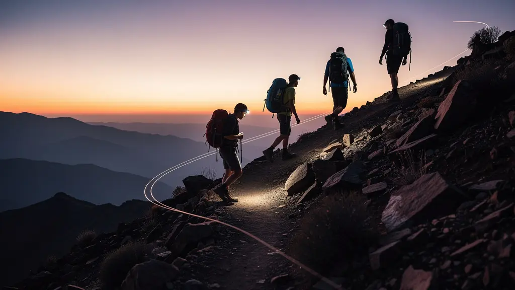 Hikers silhouetted against sunrise over UAE desert mountains