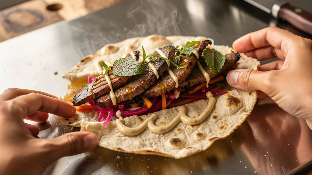 Close-up of hands preparing traditional sandwich in Deira shop