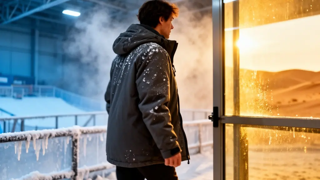 A person wrapped in winter gear stepping through a doorway from a frosty snow environment into bright warm desert sunlight, capturing the thermal contrast