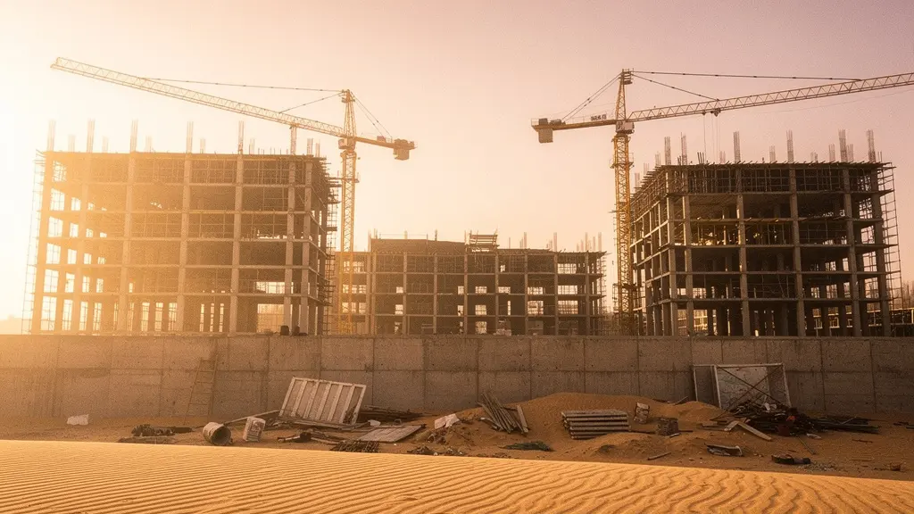 A symbolic wide shot showing the stark visual contrast between undisturbed desert sand in the foreground and towering modern concrete construction cranes and buildings in the background, under a hazy golden-hour sky in the UAE.