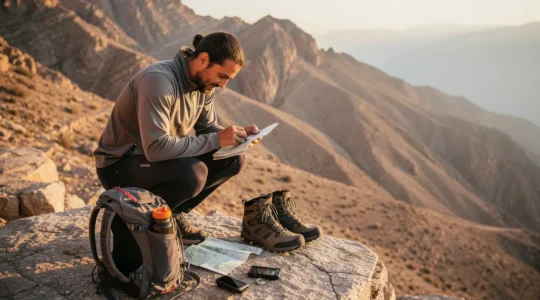 Hiker preparing equipment with UAE desert mountains in background
