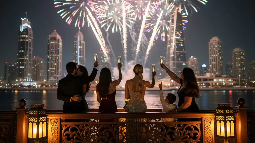 Silhouettes of cruise passengers watching Dubai fireworks from dhow upper deck