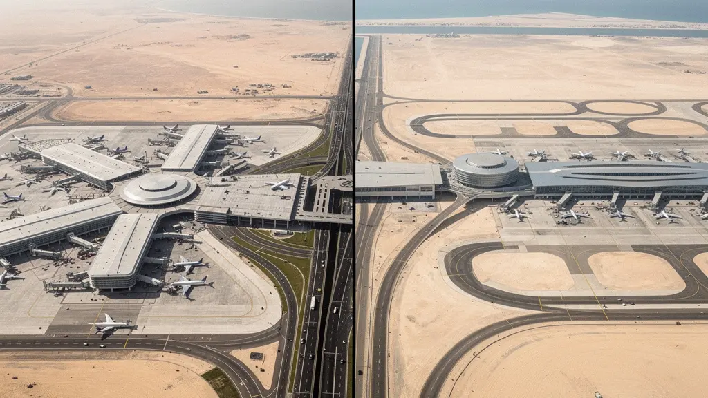 Split-screen aerial view showing Dubai International Airport on left and Abu Dhabi International Airport on right with transport connections highlighted