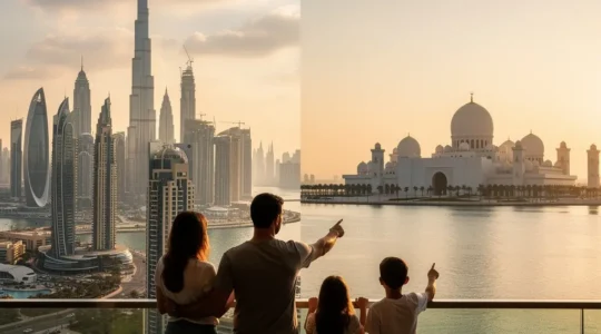 Family enjoying a panoramic view of both Dubai and Abu Dhabi skylines at sunset