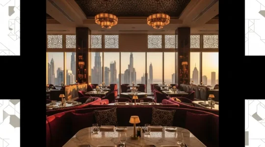 Elegant fine dining restaurant interior with golden accents showcasing Dubai luxury hospitality