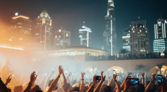 A vibrant crowd at a Dubai outdoor concert venue at night with the city skyline glowing in the background