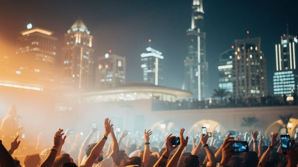 A vibrant crowd at a Dubai outdoor concert venue at night with the city skyline glowing in the background