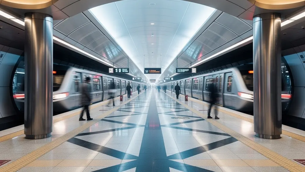 Futuristic interior of Dubai Metro station with passengers in motion blur