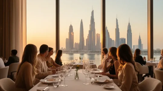 Elegant fine dining scene in a Dubai Michelin restaurant with panoramic skyline views at sunset