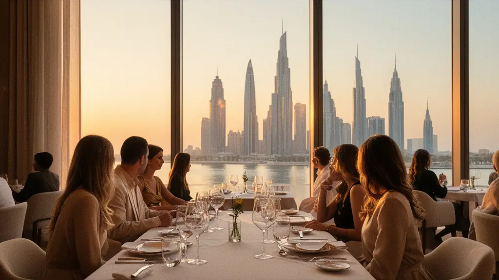Elegant fine dining scene in a Dubai Michelin restaurant with panoramic skyline views at sunset