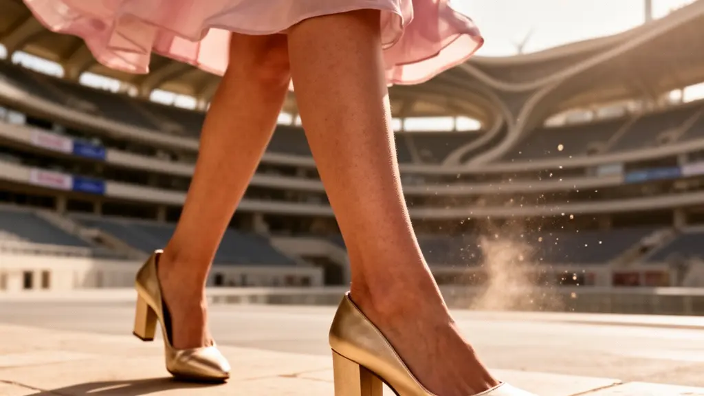 A woman's elegant block-heeled shoe stepping confidently along a sun-warmed limestone walkway at a Dubai racecourse