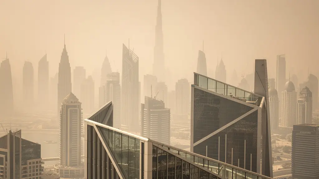 Dubai skyline through summer haze creating ethereal layers of buildings fading into distance
