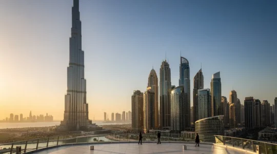 Panoramic view of Dubai skyscrapers at golden hour from a quiet observation deck showing the Burj Khalifa and Marina skyline