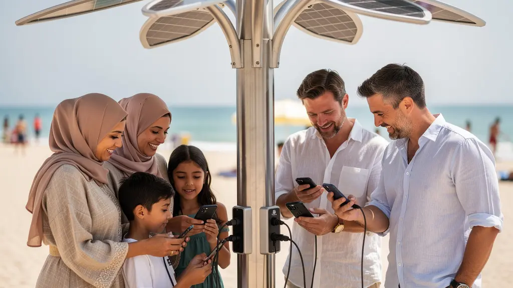 Tourists using Smart Palm charging stations at Dubai beach with solar panels visible on palm-shaped structure