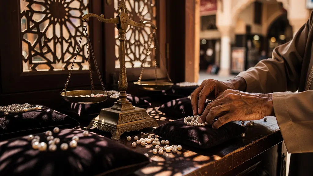 Pearl jewelry display in traditional Dubai souk setting