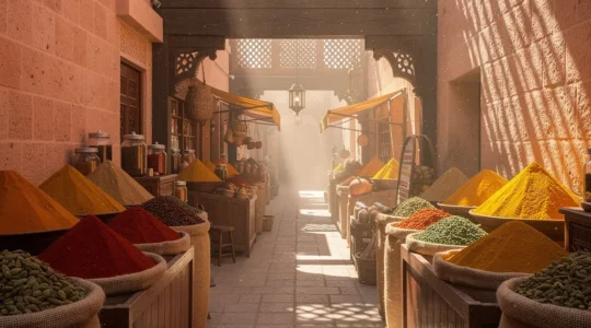 Vibrant spice market showing colorful spices and traditional Dubai market setting