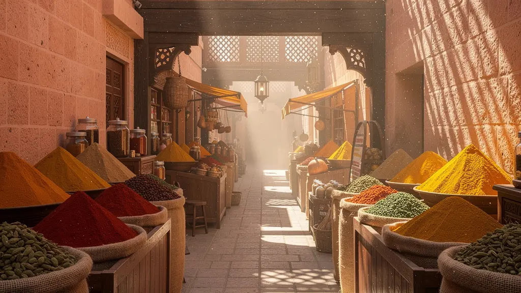 Vibrant spice market showing colorful spices and traditional Dubai market setting
