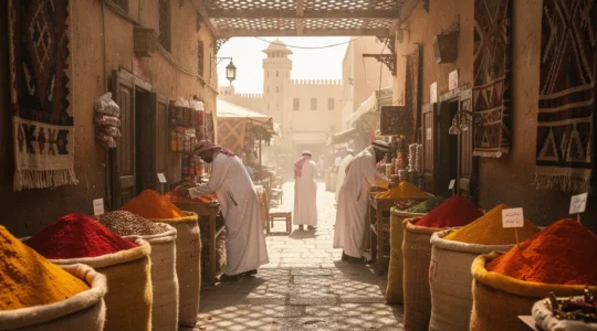 Vibrant Dubai spice market with colorful spice displays in traditional Deira souk