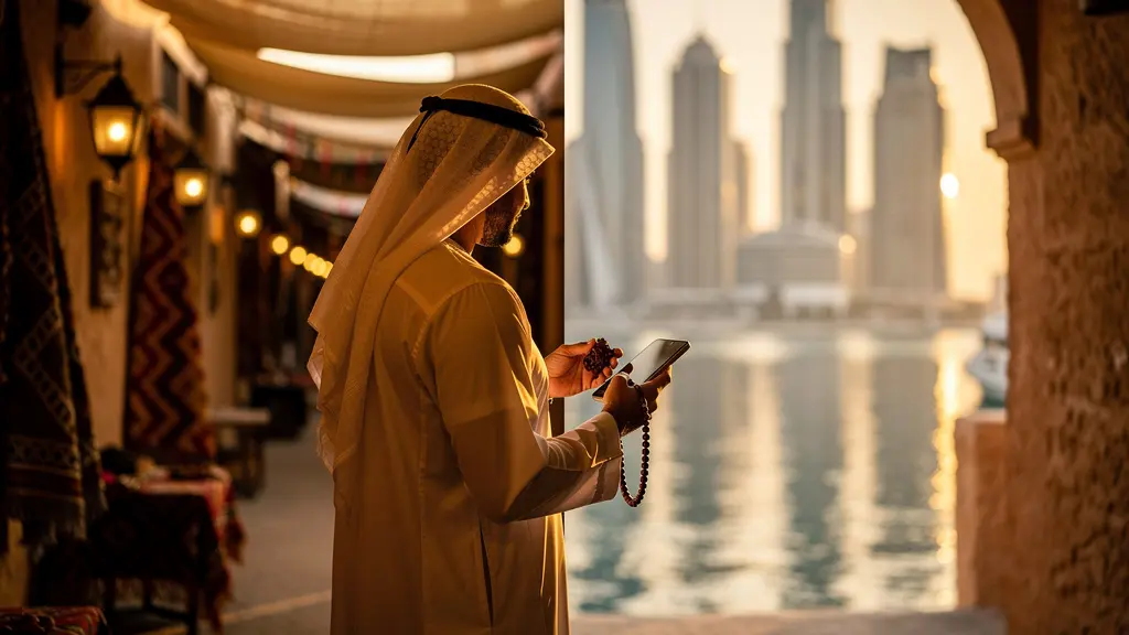 Human perspective showing traditional souk market transitioning to modern Dubai skyline
