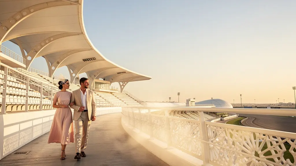 Elegantly dressed racegoers walking along Meydan Racecourse grandstand during golden hour at the Dubai World Cup