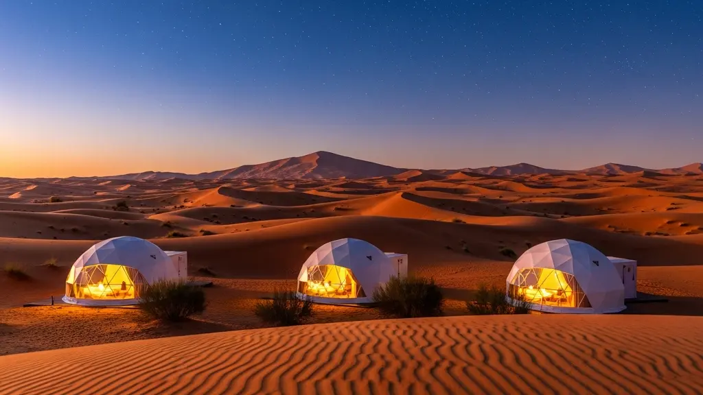 Luxury geodesic dome tents illuminated at twilight in UAE desert with starry sky