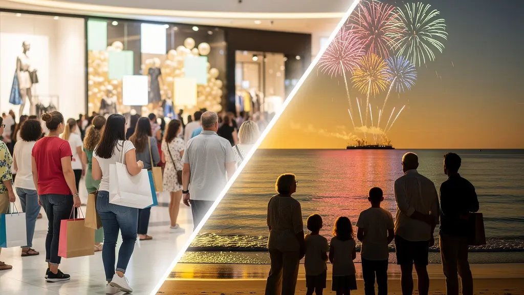 Split composition showing Eid Al Fitr vibrant mall crowds versus Eid Al Adha family beach gathering at sunset