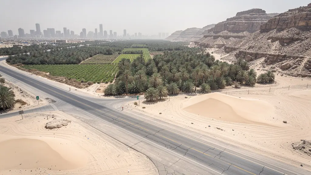Aerial view of desert highway connecting modern and traditional landscapes across emirates