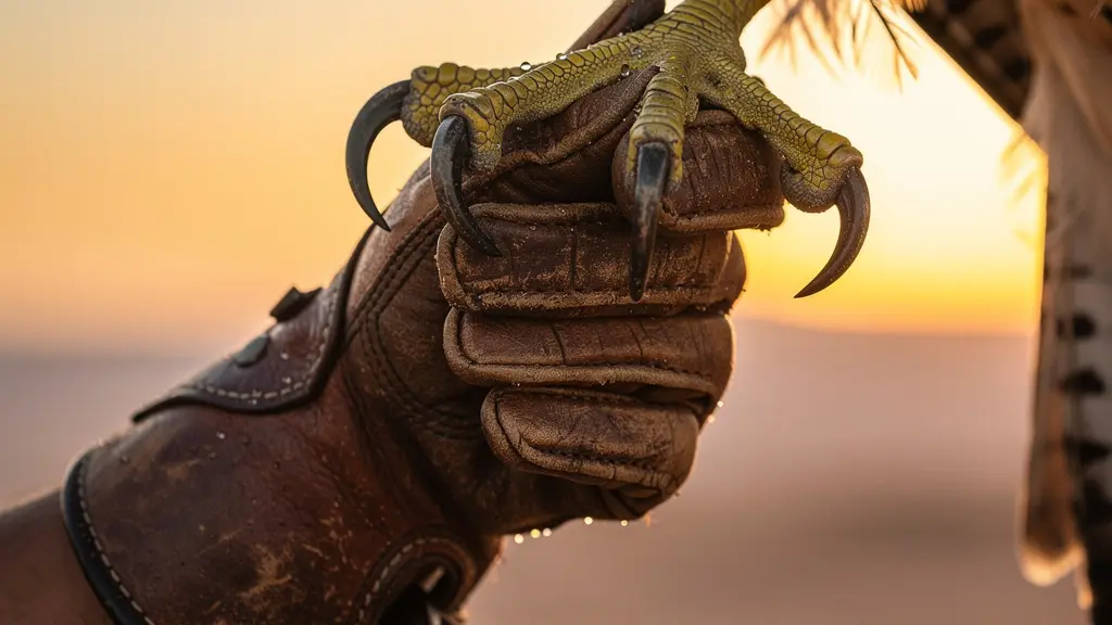 Emirati falconer with falcon at sunrise in the desert demonstrating traditional practice