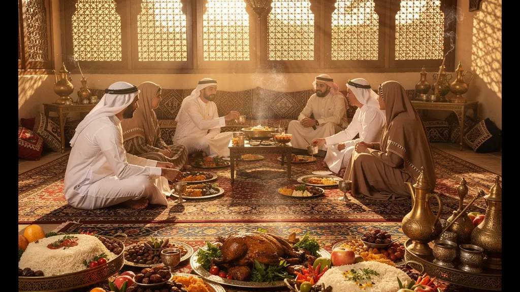 Traditional Emirati family sharing a generous meal in an ornate majlis setting