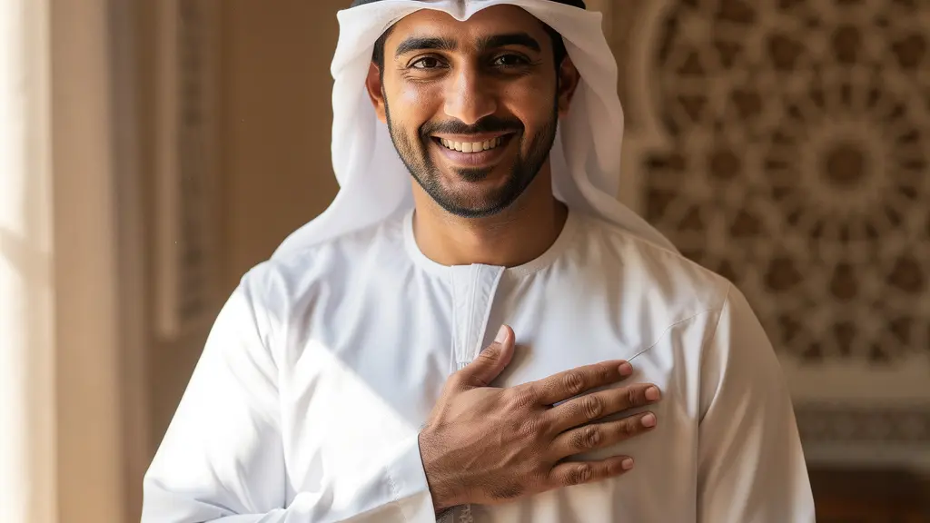 Emirati man demonstrating respectful hand on heart greeting gesture
