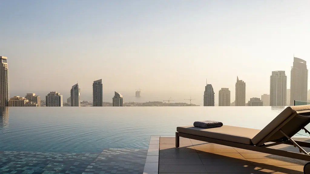 Serene luxury hotel infinity pool overlooking empty Dubai Marina during holiday exodus