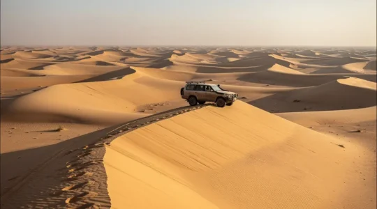 4x4 vehicle navigating massive sand dunes in the Empty Quarter desert during golden hour