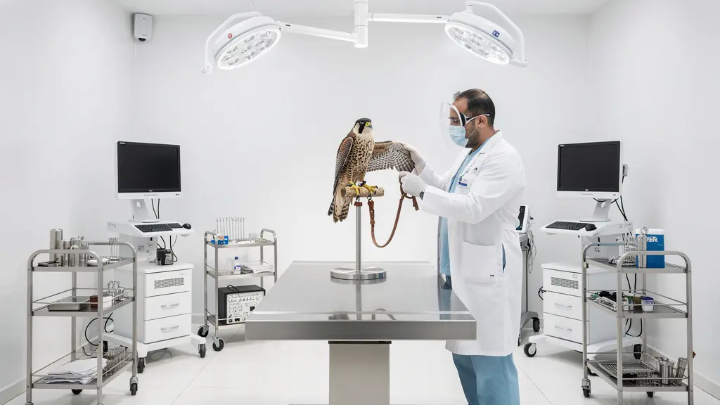 Veterinarian examining a falcon with specialized equipment in a modern medical facility
