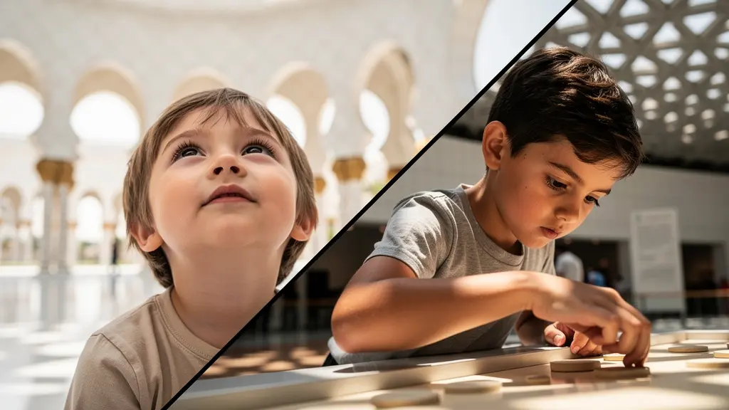 Split composition showing children experiencing both Sheikh Zayed Mosque and Louvre Abu Dhabi