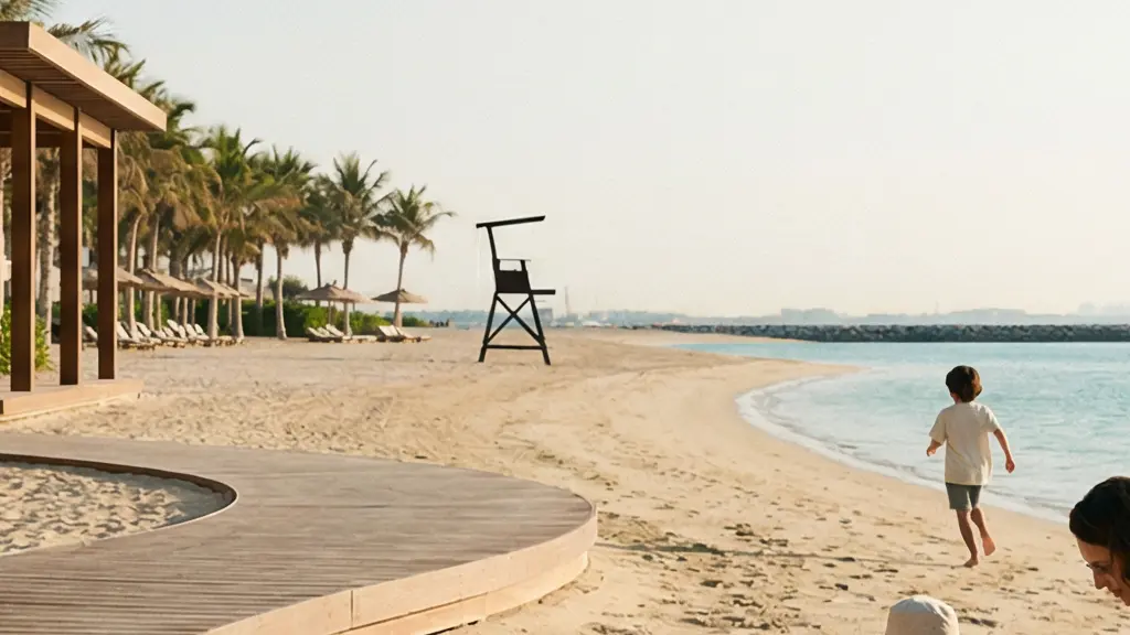 A sunlit family resort scene on Palm Jumeirah with a kids’ activity pavilion near the beach and calm water, composed with wide negative space.