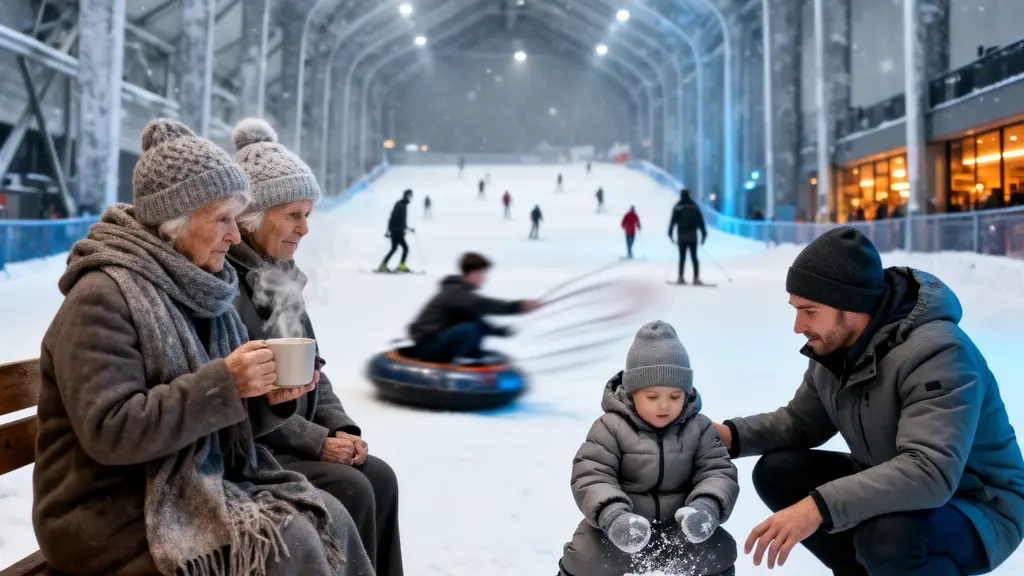 Wide environmental shot of a multigenerational family enjoying an indoor snow park, with grandparents, parents, and young children playing in artificial snow under blue-toned ambient lighting