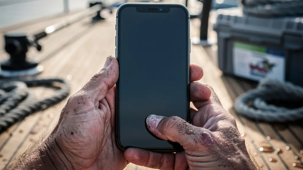 Hands holding a smartphone showing a fishing license application on the teak deck of a yacht